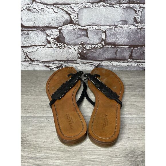 Coach New York DENI Black Leather Feather Thong Flat Sandals Women Sz 8B US/38EU - Picture 6 of 16